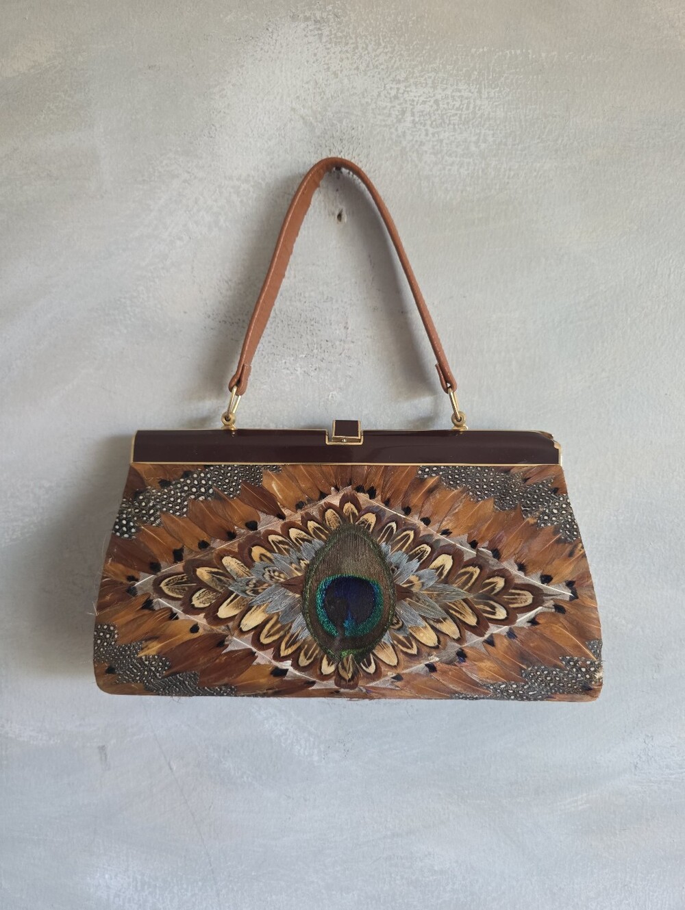 Vintage 60s 70s Peacock Pheasant Feather Clutch Top Handle Bag Mid Century Boho